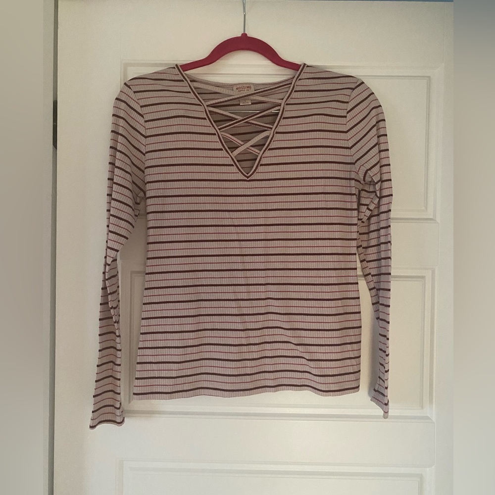 Long Sleeve Criss Cross V neck detail pink red white stripe top Size Large